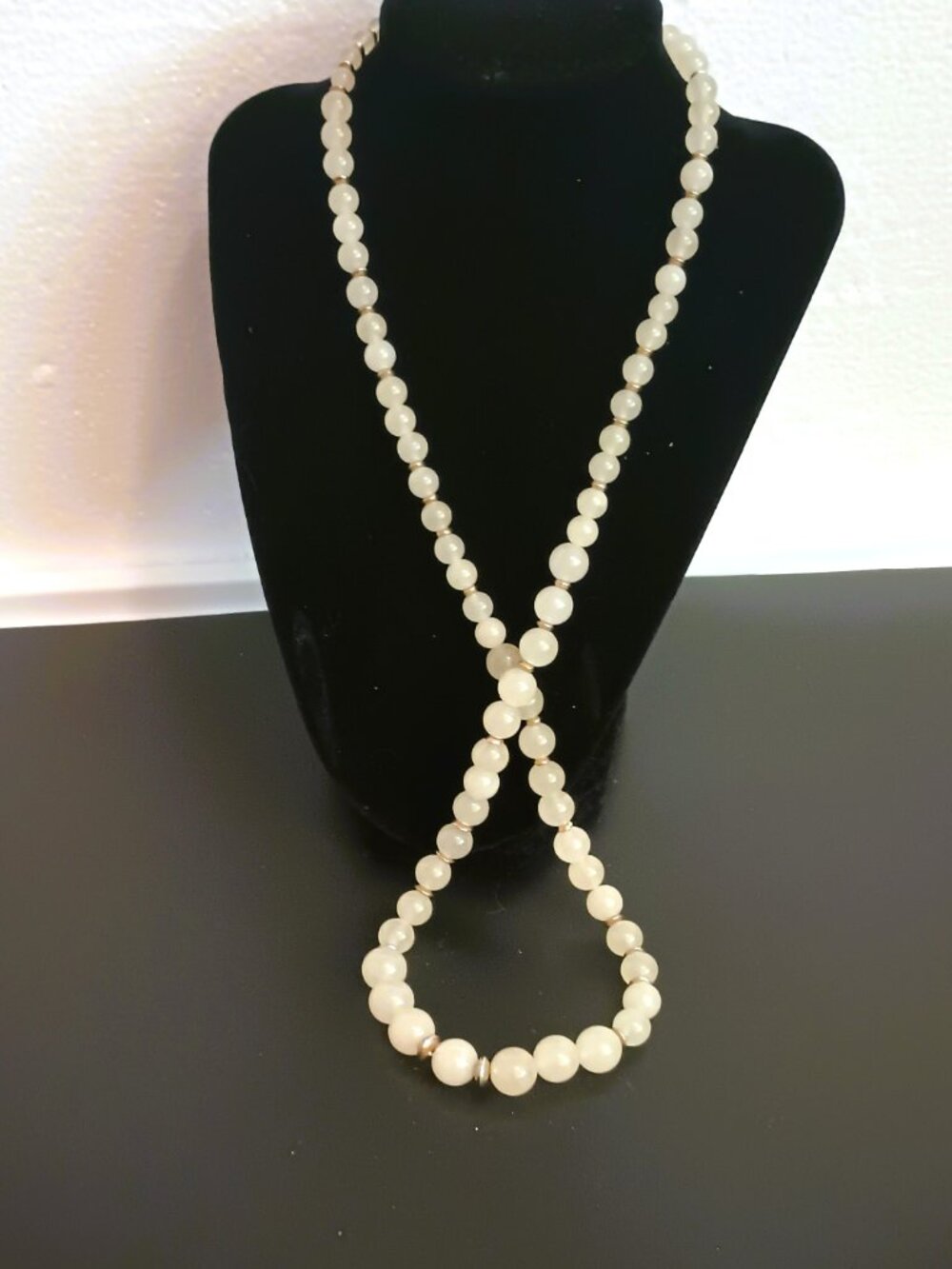 Vintage Graduated Quartz Beaded Necklace 32" Long Silver Tone Spacers